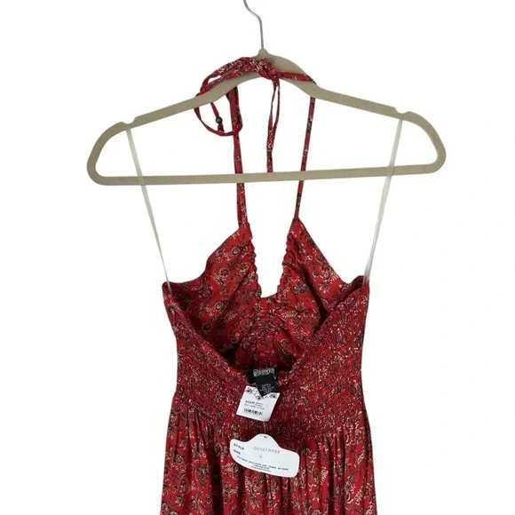 Angie Red Floral Print V-Neck Ruffle Hem Halter Bohemian Jumper Size Small - Picture 6 of 9
